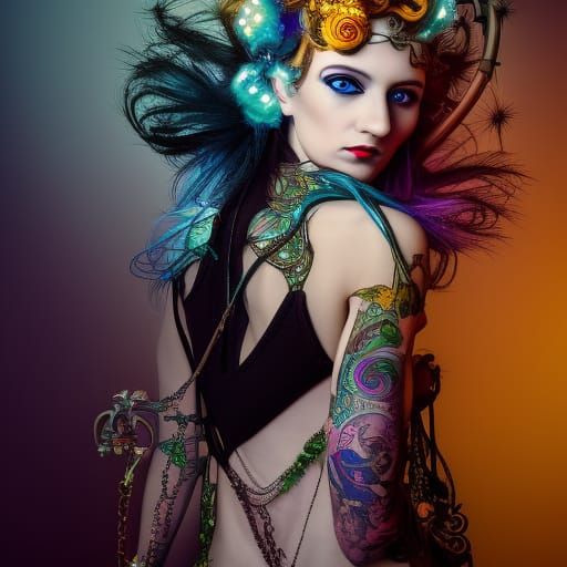 Digital Punk Art Nouveau Goddess in Sharp Focus