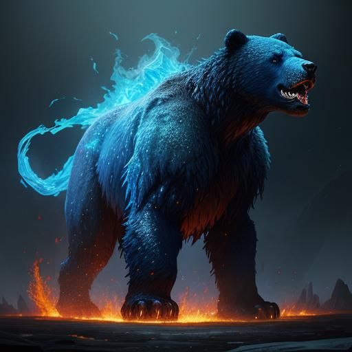 Fiery Crystal Bear Roaring: Dark Fantasy Art