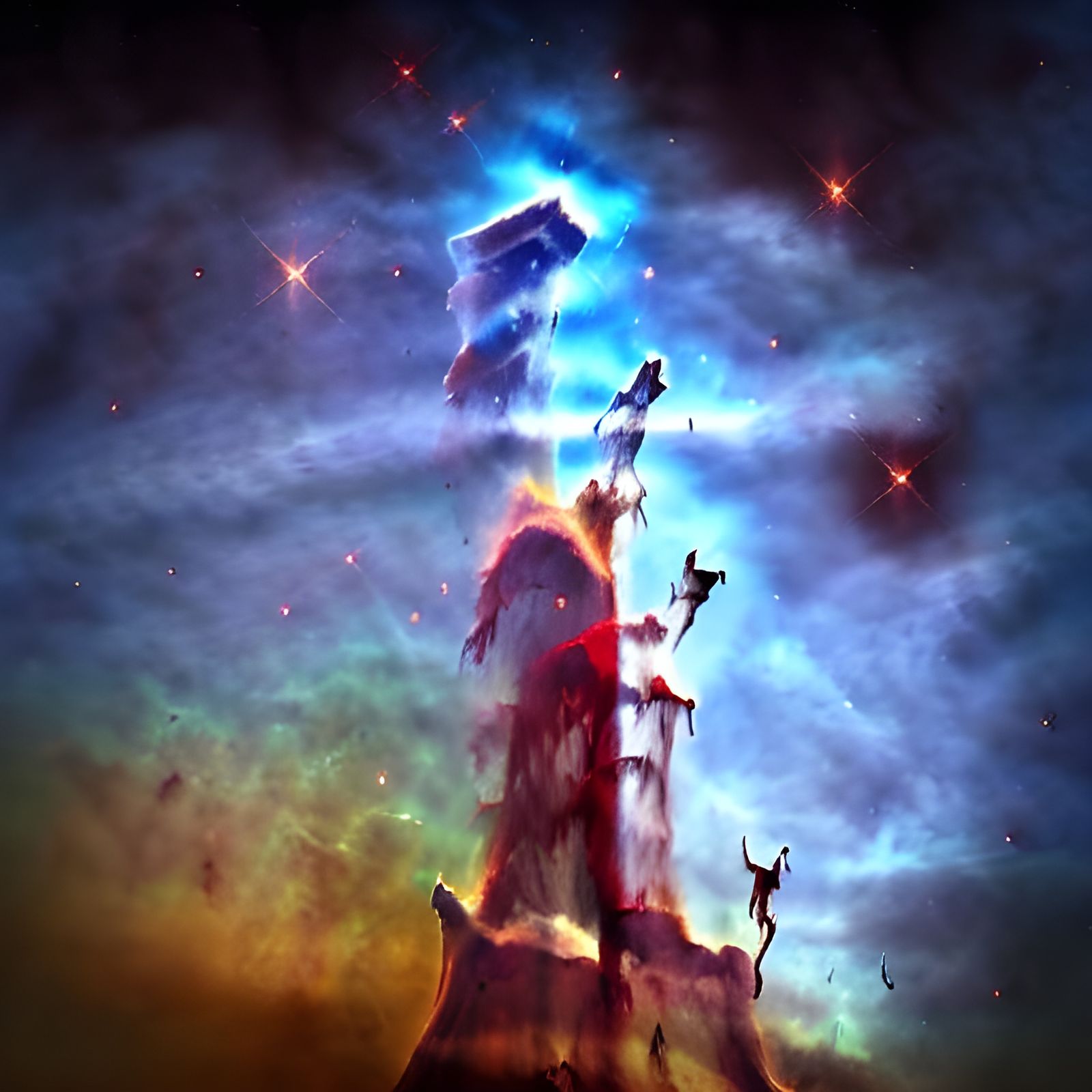 Pillars of Creation in Space: Hubble-Inspired Colors