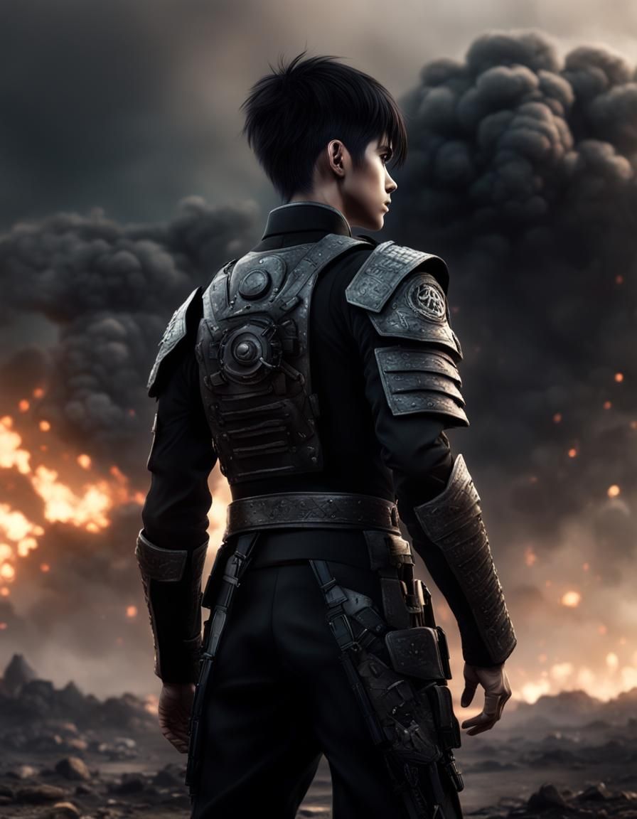 Teenage Boy in Combat Suit on Battlefield