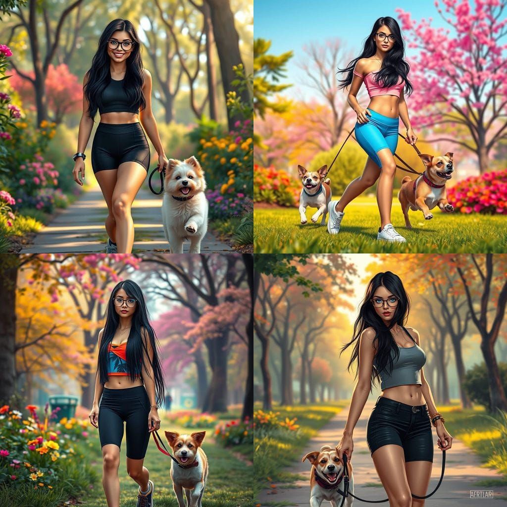 Young Woman Strolling in the Park with her Faithful Companio...