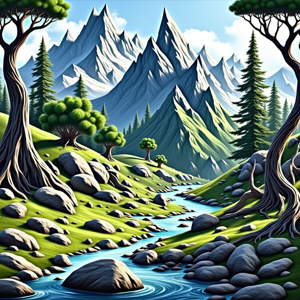 Fantasy Mountain Landscape with Granite Peaks and Forest