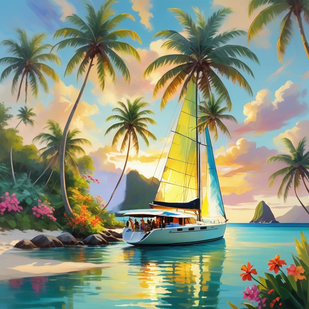 Tropical Family Sailboat Painting in Impressionist Style