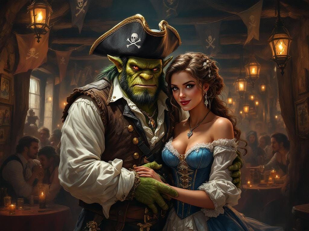 Orc and Companion in Pirate Tavern, Luis Royo Style