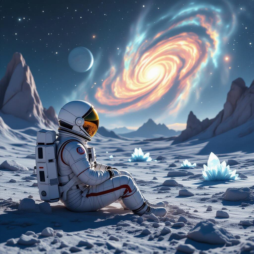 Astronaut on Alien Planet Gazing at Nebula