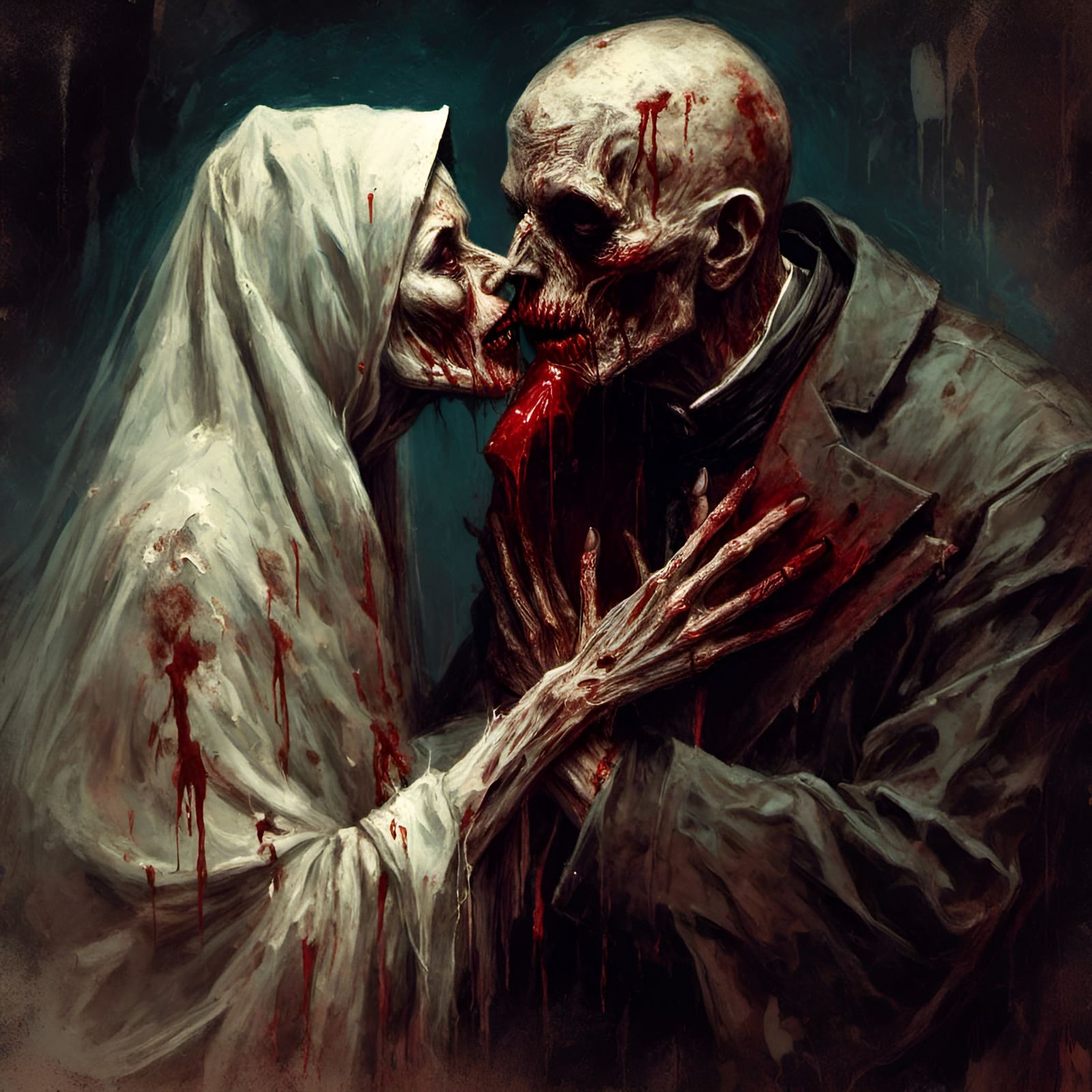 Macabre Zombie Pope Kiss in Horror Illustration Style
