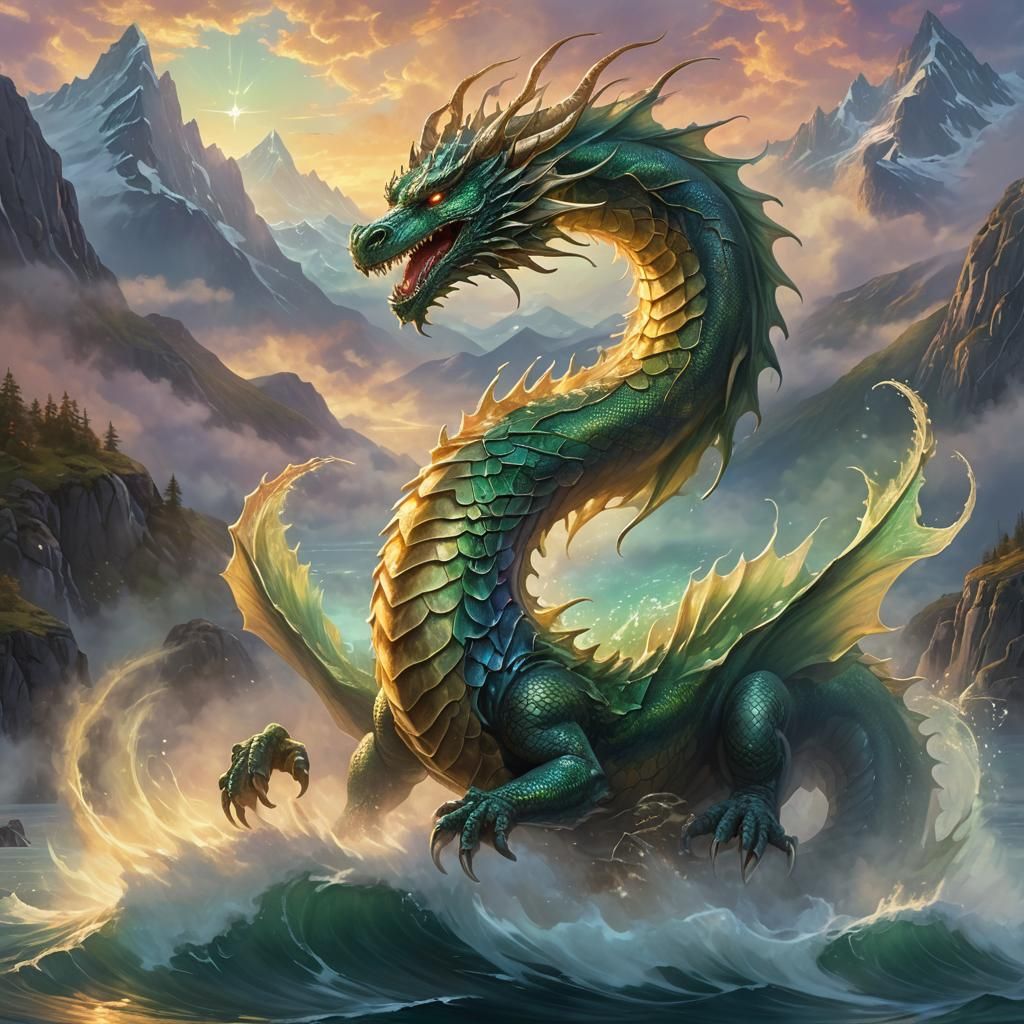 Ocean Dragon Rising in Nordic Fjord Sunset