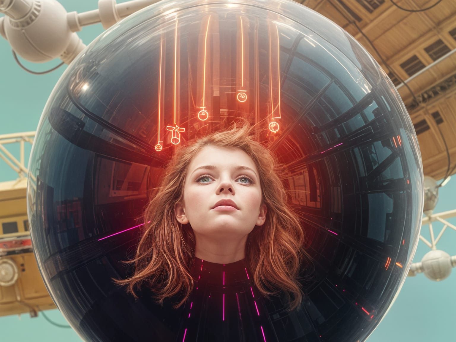 Neon Holographic Girl's Head in Transparent Ball