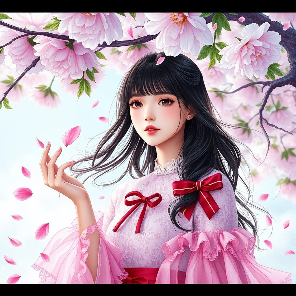 Woman Under Peony Tree in Watercolor Style