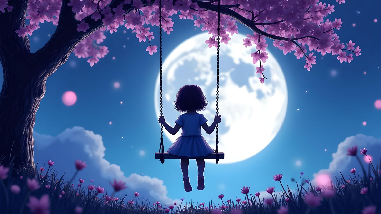 Girl on Swing in Violet Moonlight Wonderland