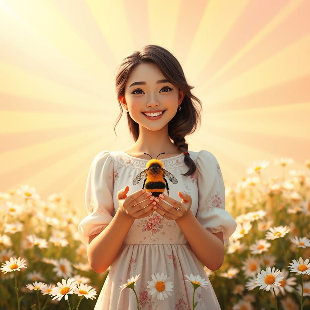 Hopeful Woman Surrounded by Vibrant Daisies in a Whimsical 3...