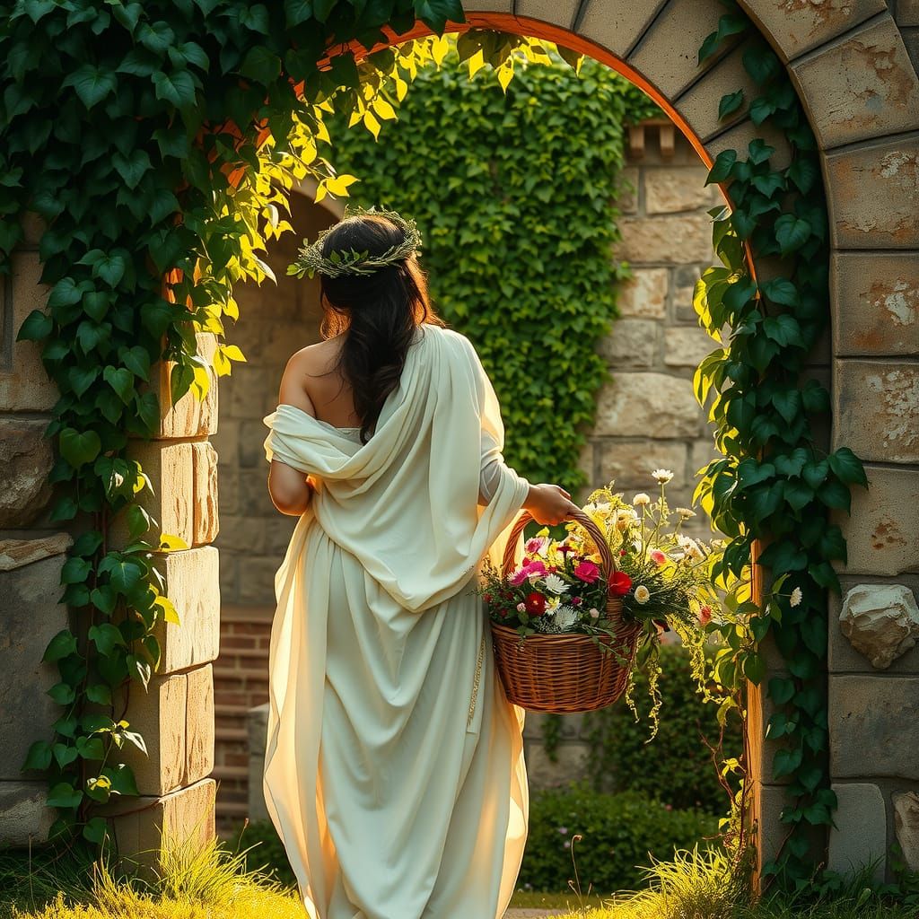 Goddess Psyche Bids Farewell to a Garden in Golden Twilight