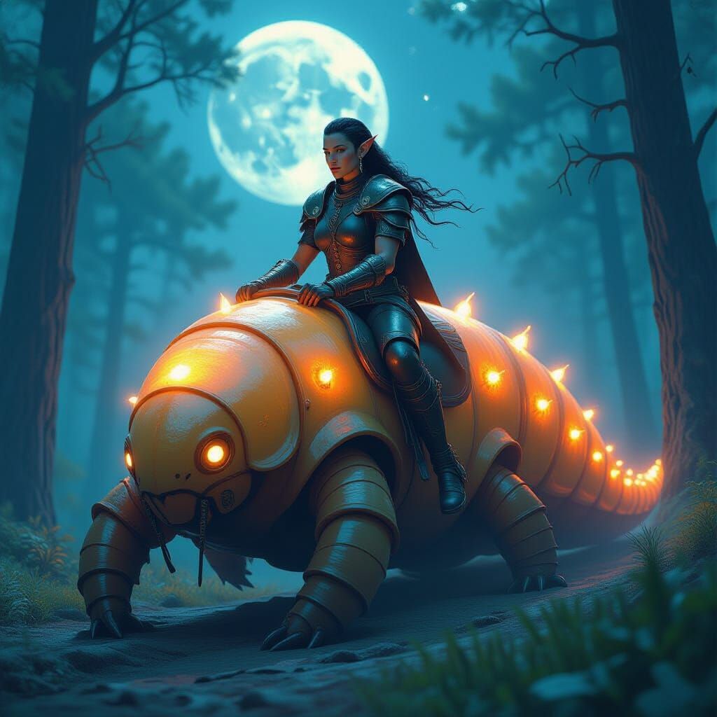 Dark Elf Riding a Glowing Tardigrade in Moonlit Forest