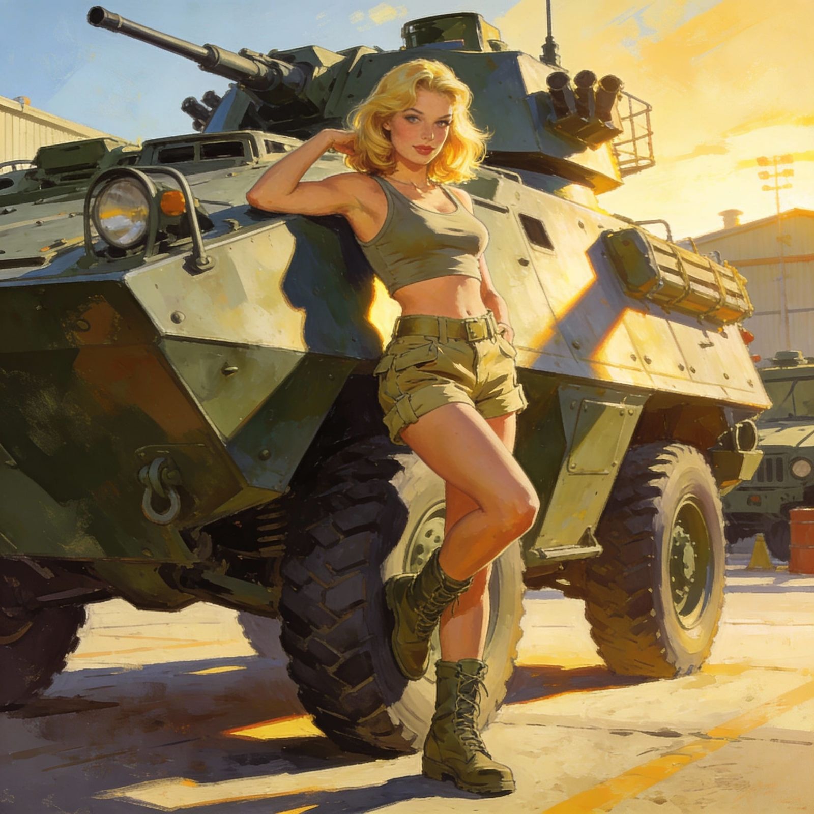 Alluring Soldier Poses Beside Armored Vehicle