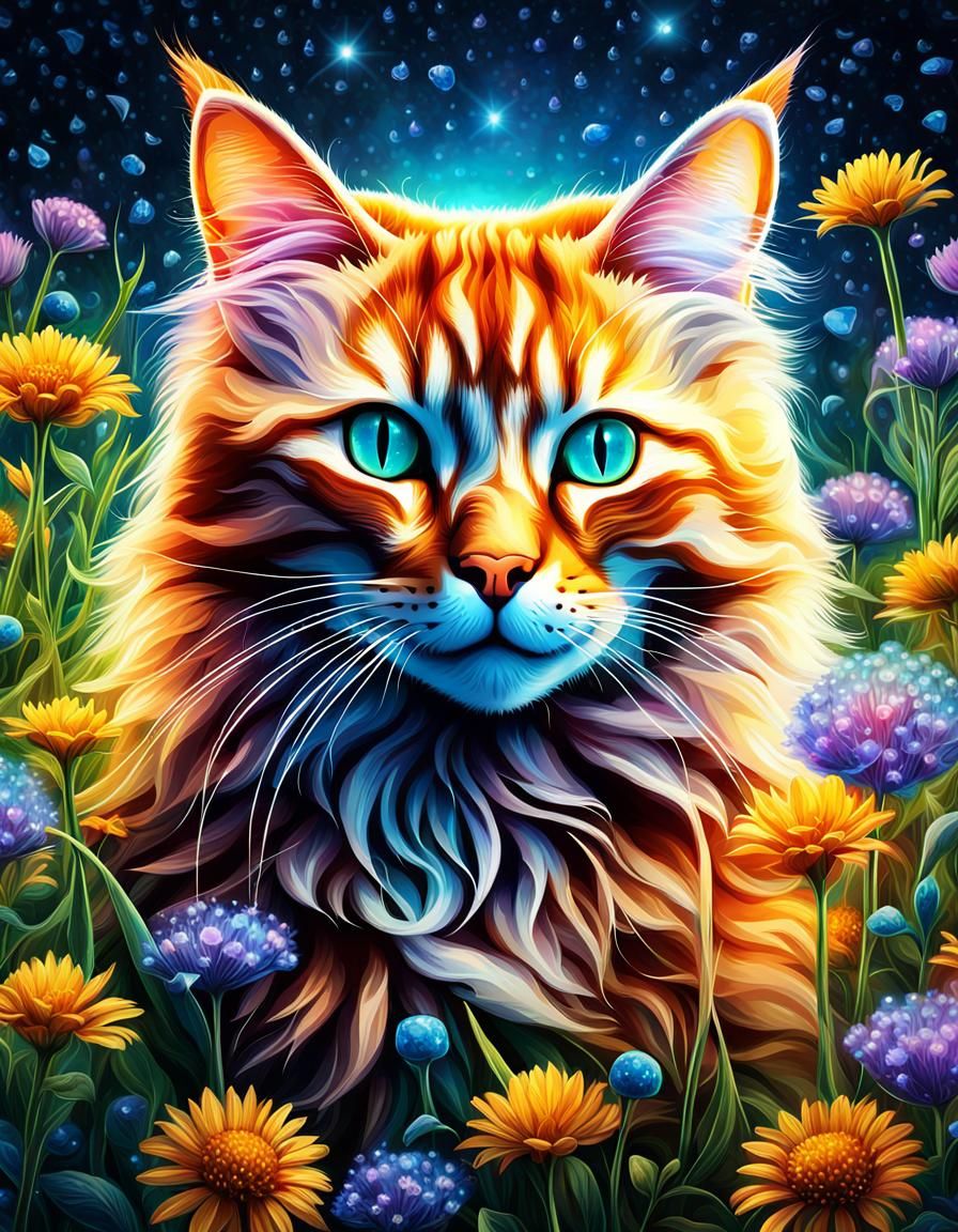 Cat Sunning in Plush Wildflowers: Astral Cosmic Illustration