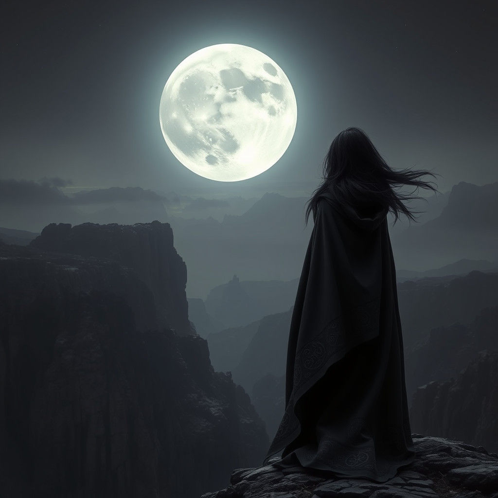 Ethereal Woman Under the Moon in Futuristic Landscape