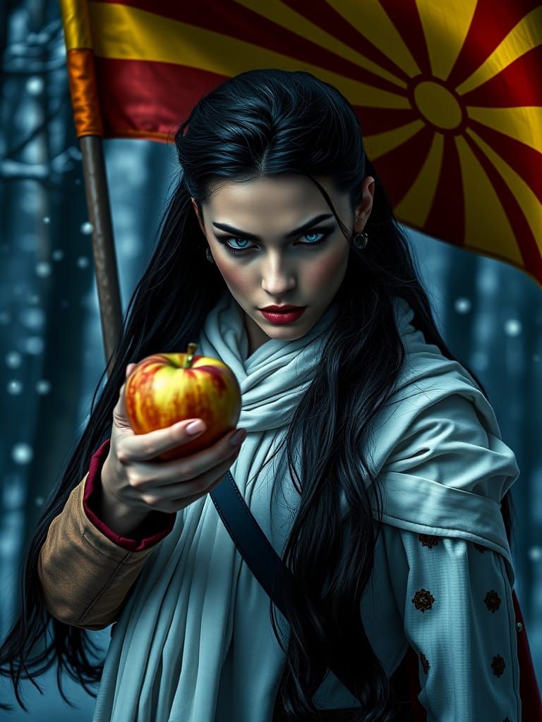 Evil Warrior Woman Offers Apple with Macedonian Flag in Snow...