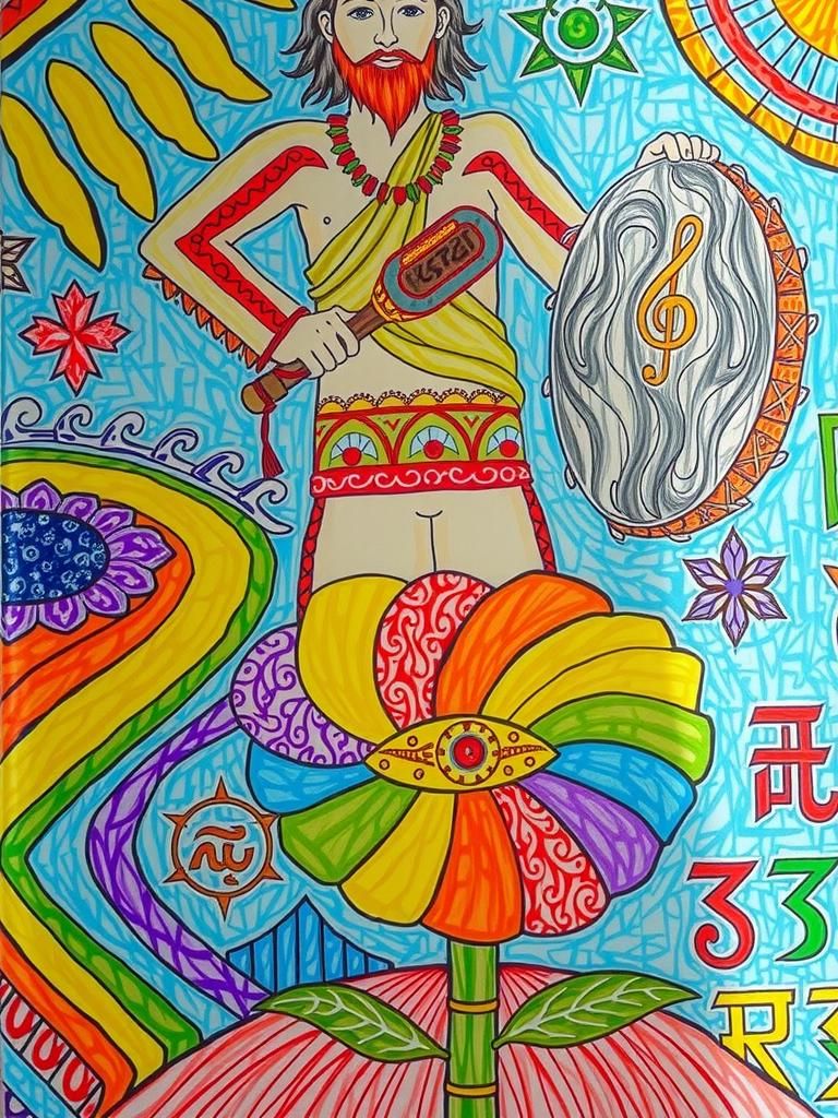 Mystic Shaman Plays Tambourine on Colorful Daisy