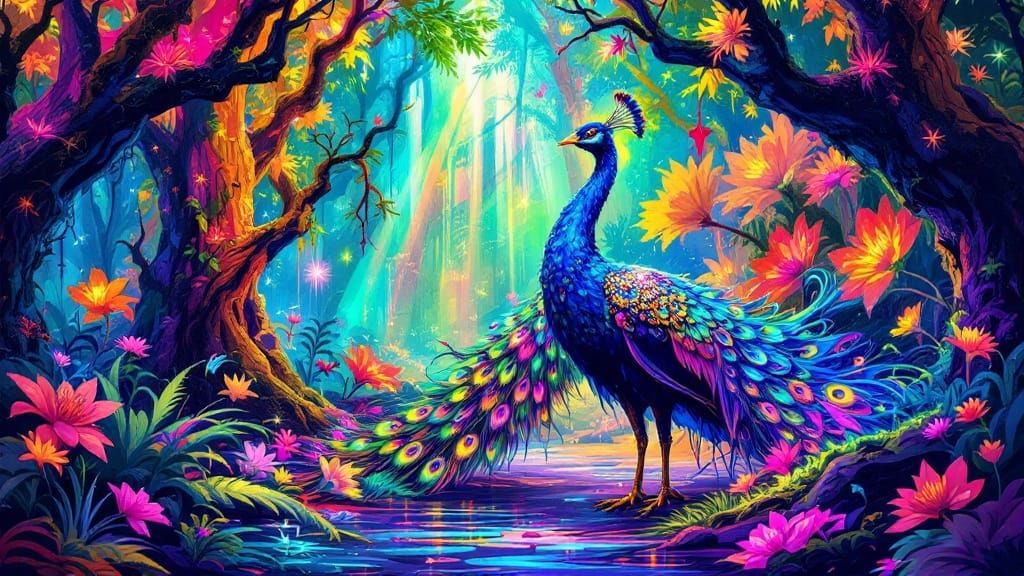 Iridescent Peacock in Electric Forest: Graffiti Art