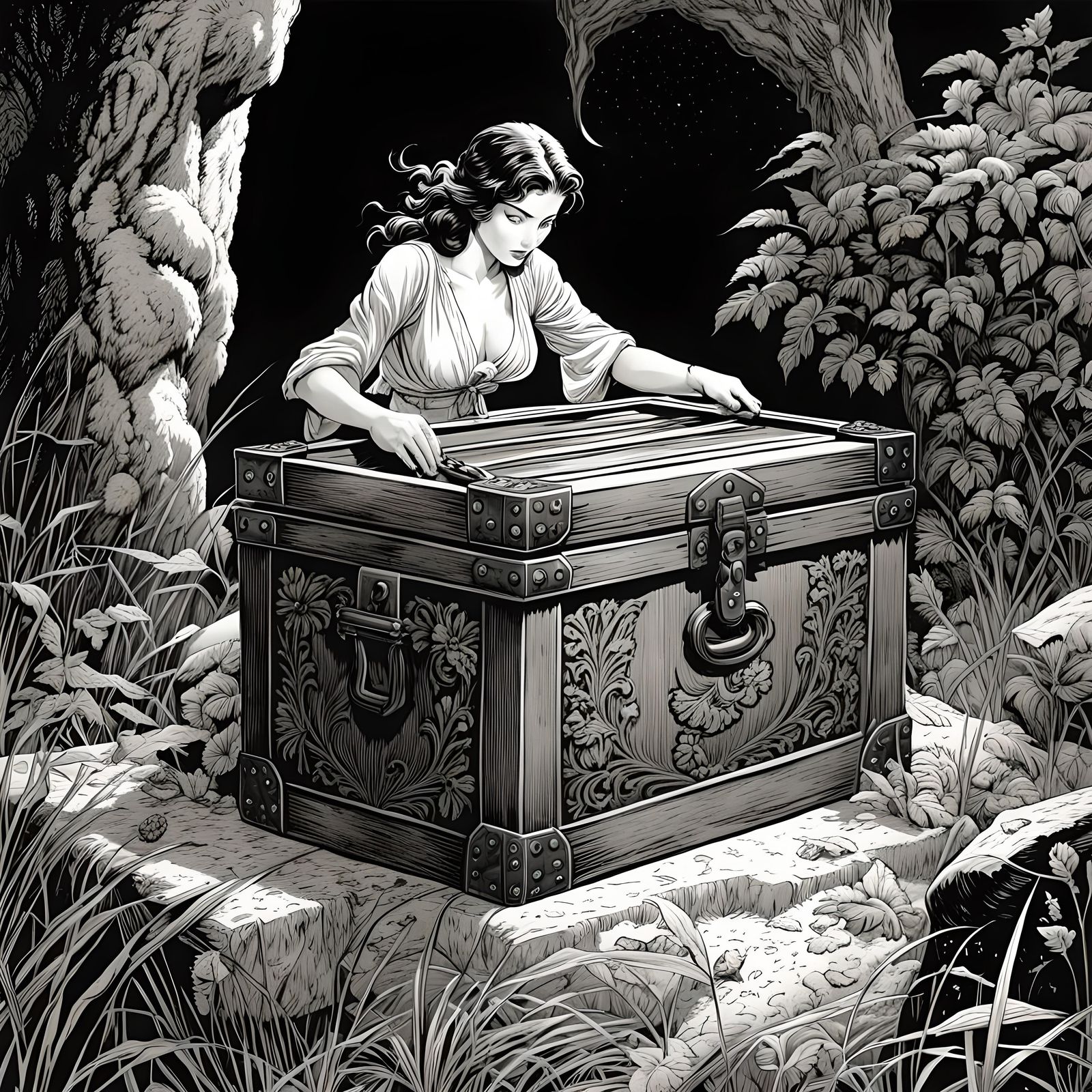 Adventuress Finds Treasure in Dark Fantasy Illustration