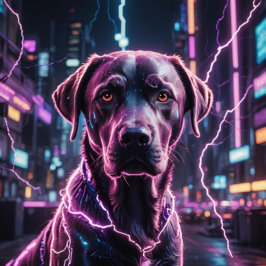 Cyberpunk Lightning Labrador Retriever in Neon Cityscape