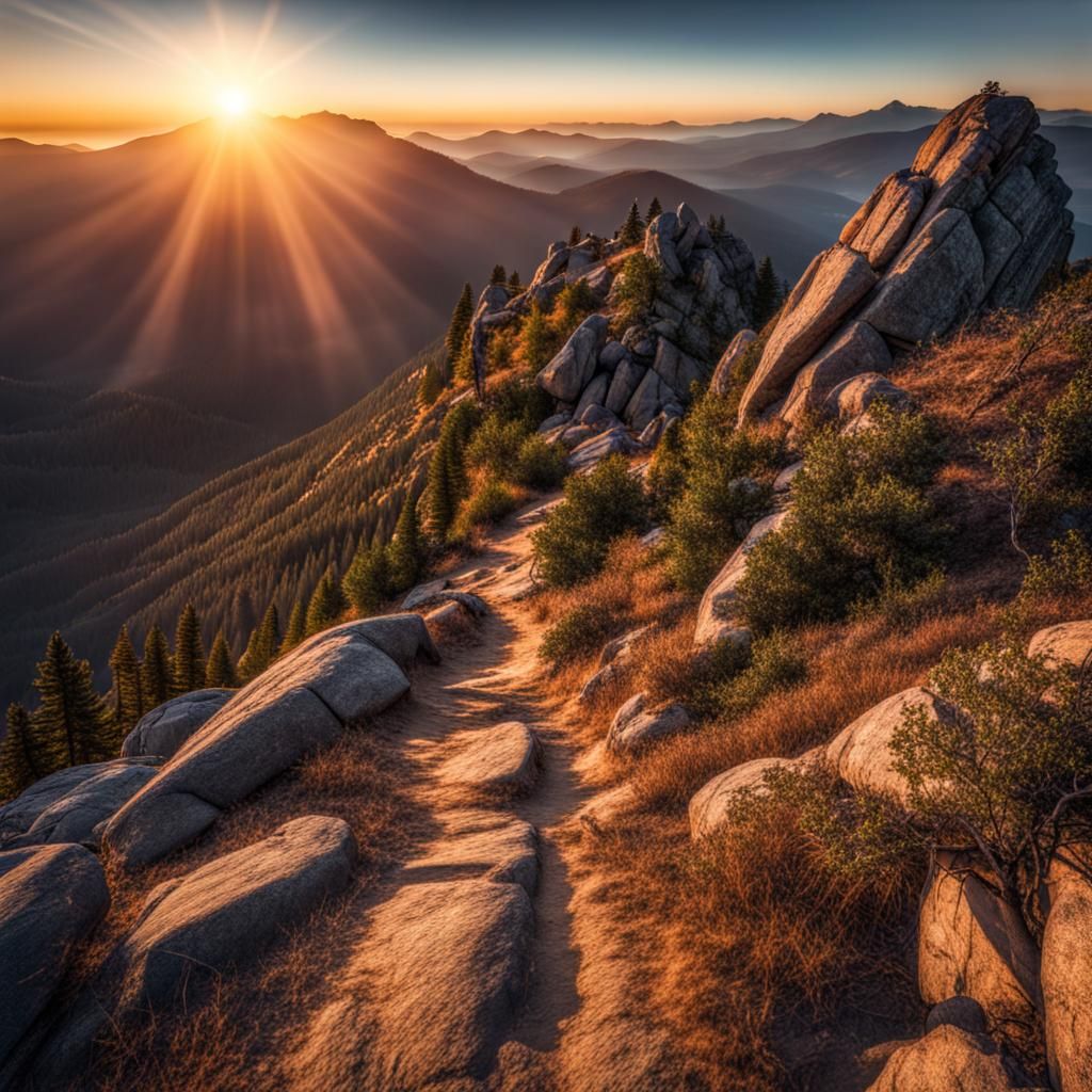 Sunrise Mountain Hike: Hyperrealistic HDR Landscape