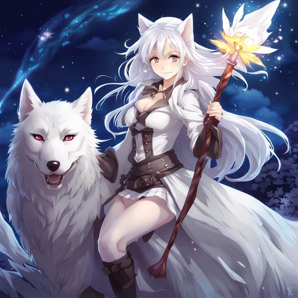 Fantasy Witch Riding a White Wolf in Anime Style