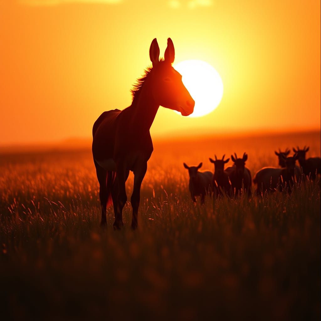 Donkey Silhouette Against Fiery Sunset in Cinematic Style