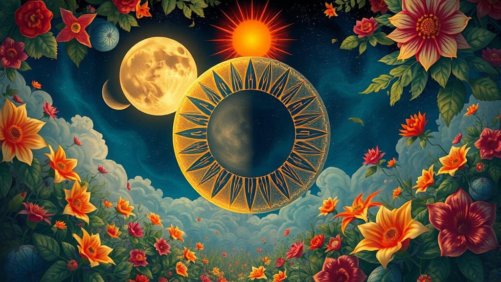 Moon and Sun Balance in Vibrant Flora, Dreamlike Atmosphere