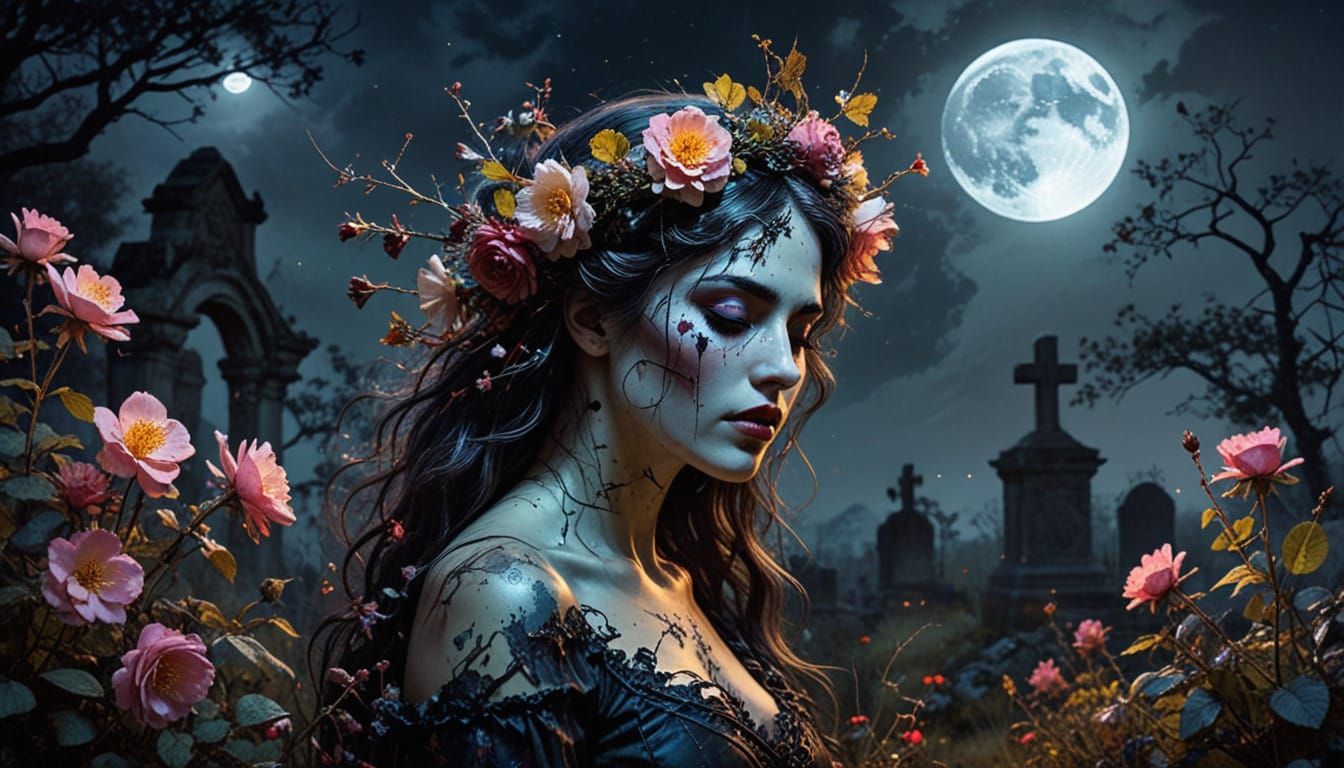 Vampire in a Floral Crown under Full Moon