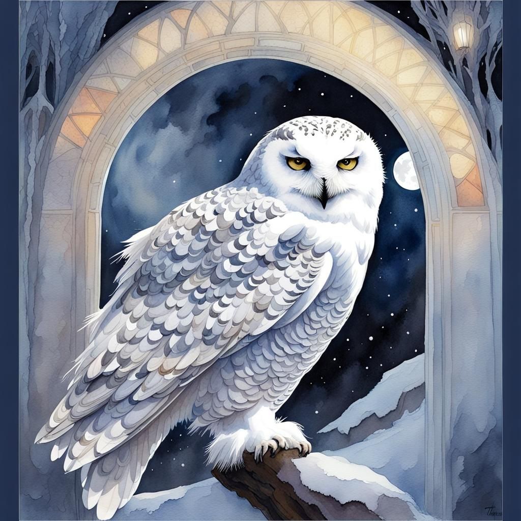 Hedwig Snowy Owl Watercolor Portrait by Schaller
