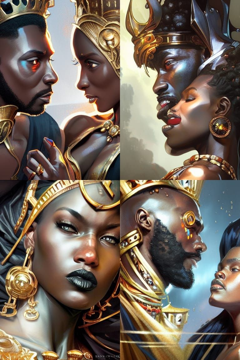 Royal Portrait: Black King and Queen, Detailed Digital Art