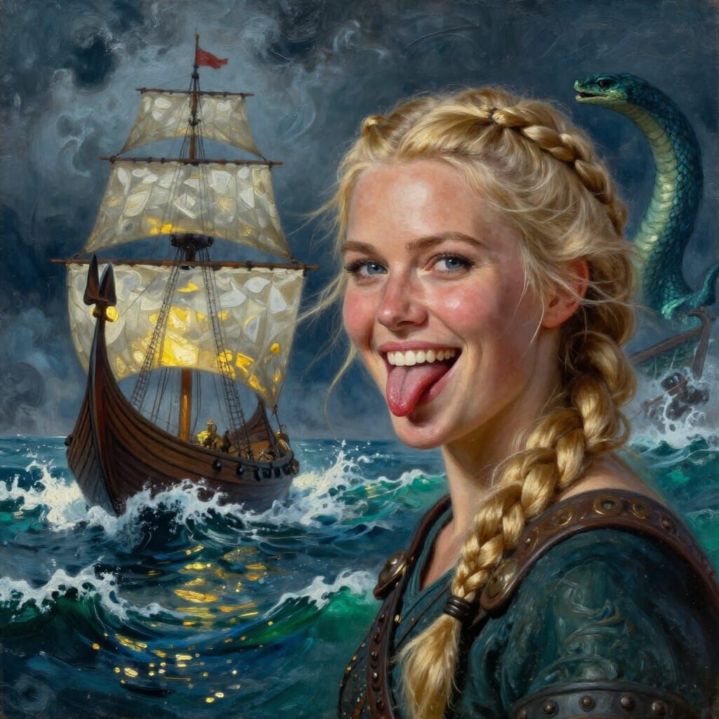 Viking Warrior Woman Portrait in Oil Painting Style