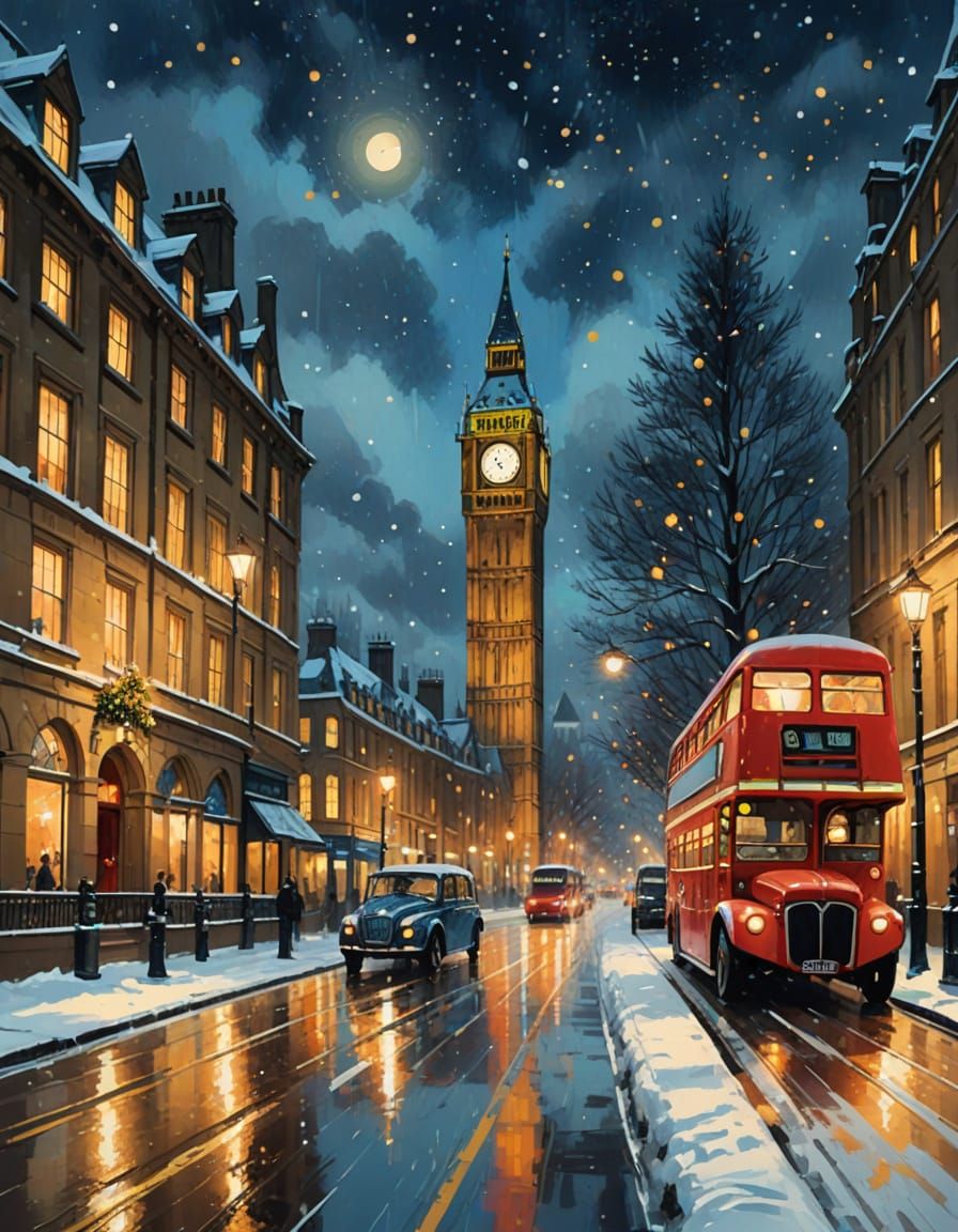 Christmas Night in London with Big Ben and Festive Tree