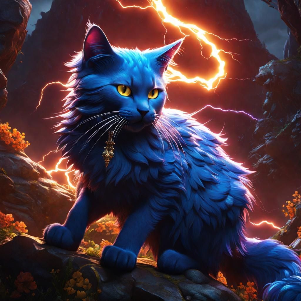 Fantastical Lightning Cat in Storm, Detailed Concept Art