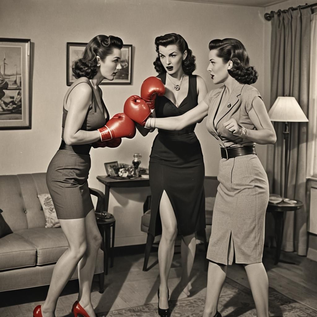Pinup Housewives Catfight in 1940s Living Room