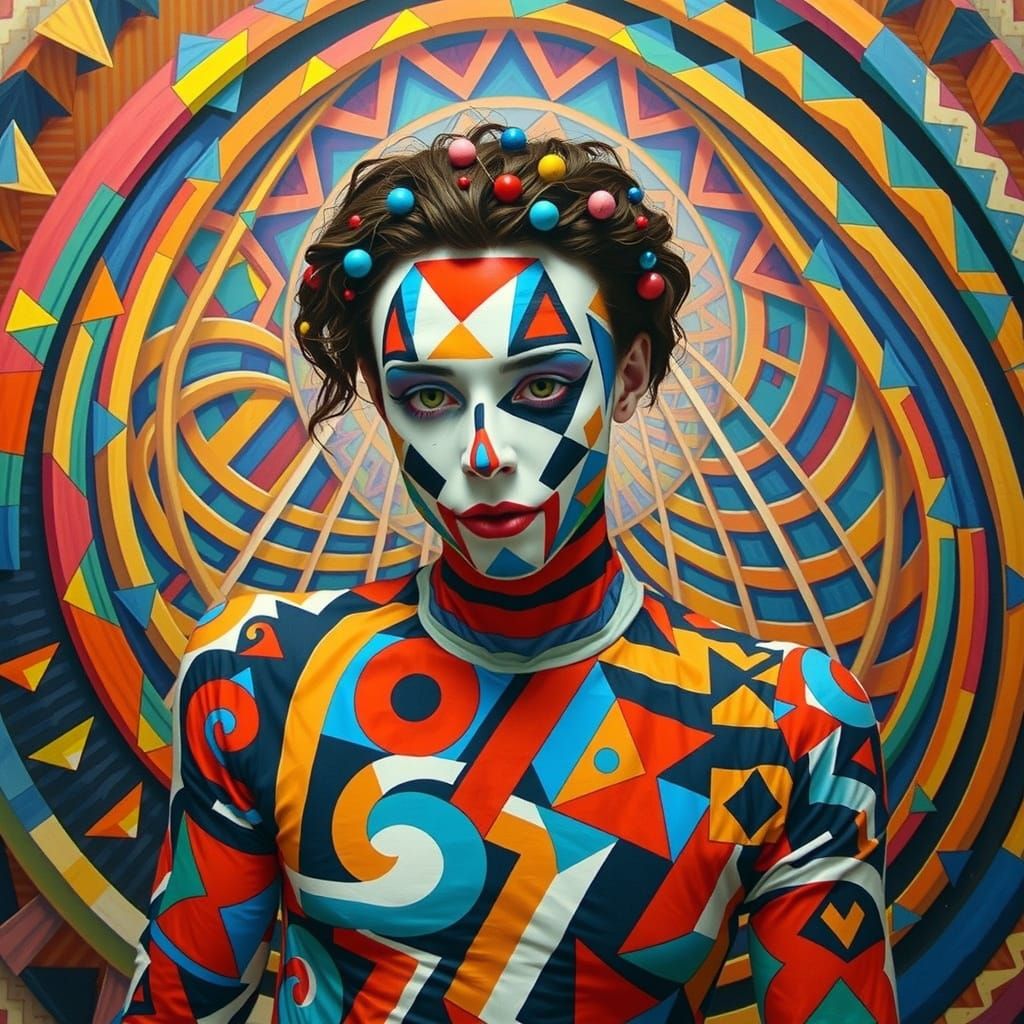 Harlequin Figure in Hypnotic Geometric Maze