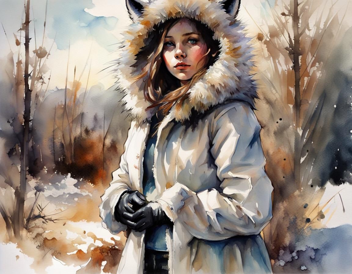 Girl in Arctic Fox Fur Against Winter Landscape