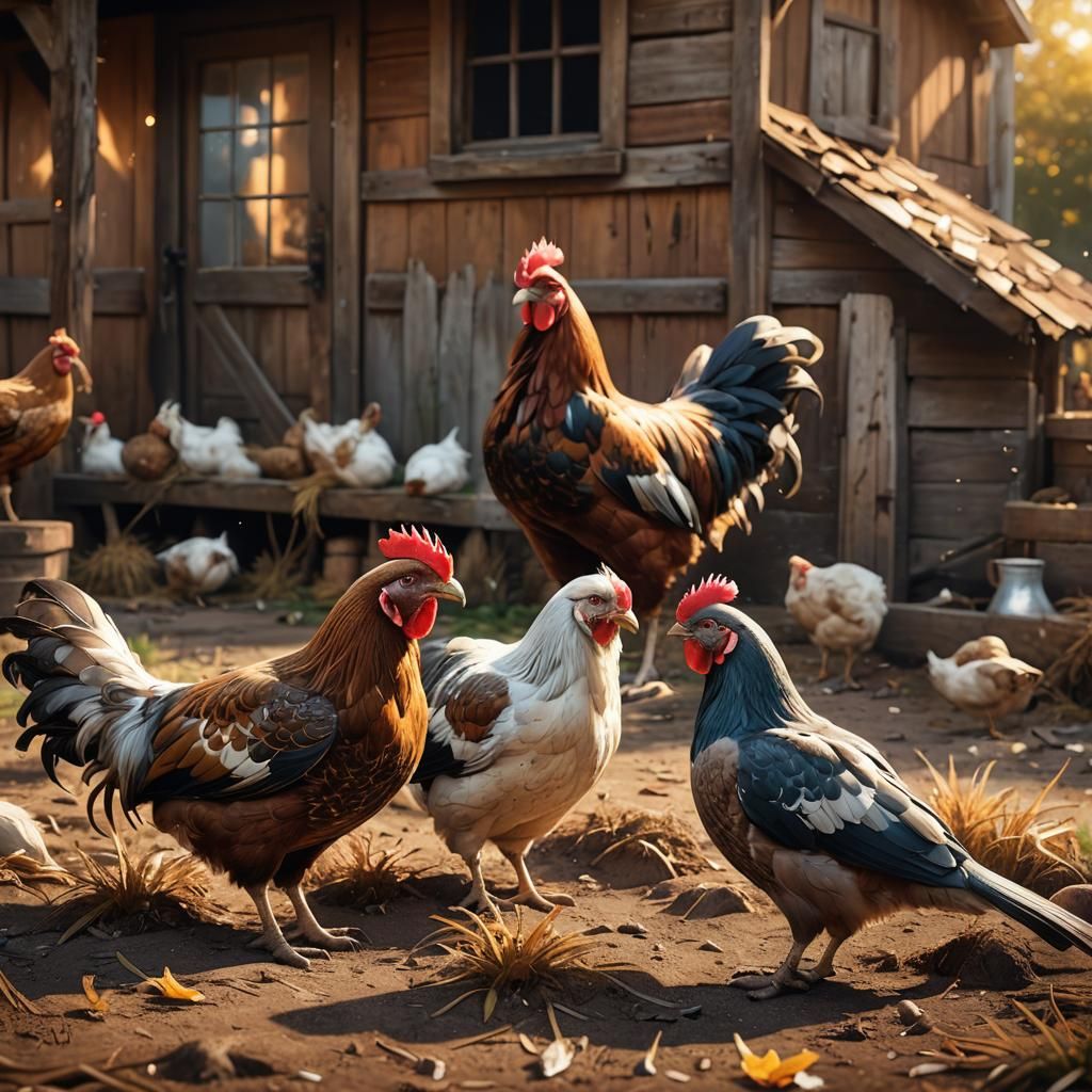 Hyperrealistic Capons Pecking in Barnyard Concept Art