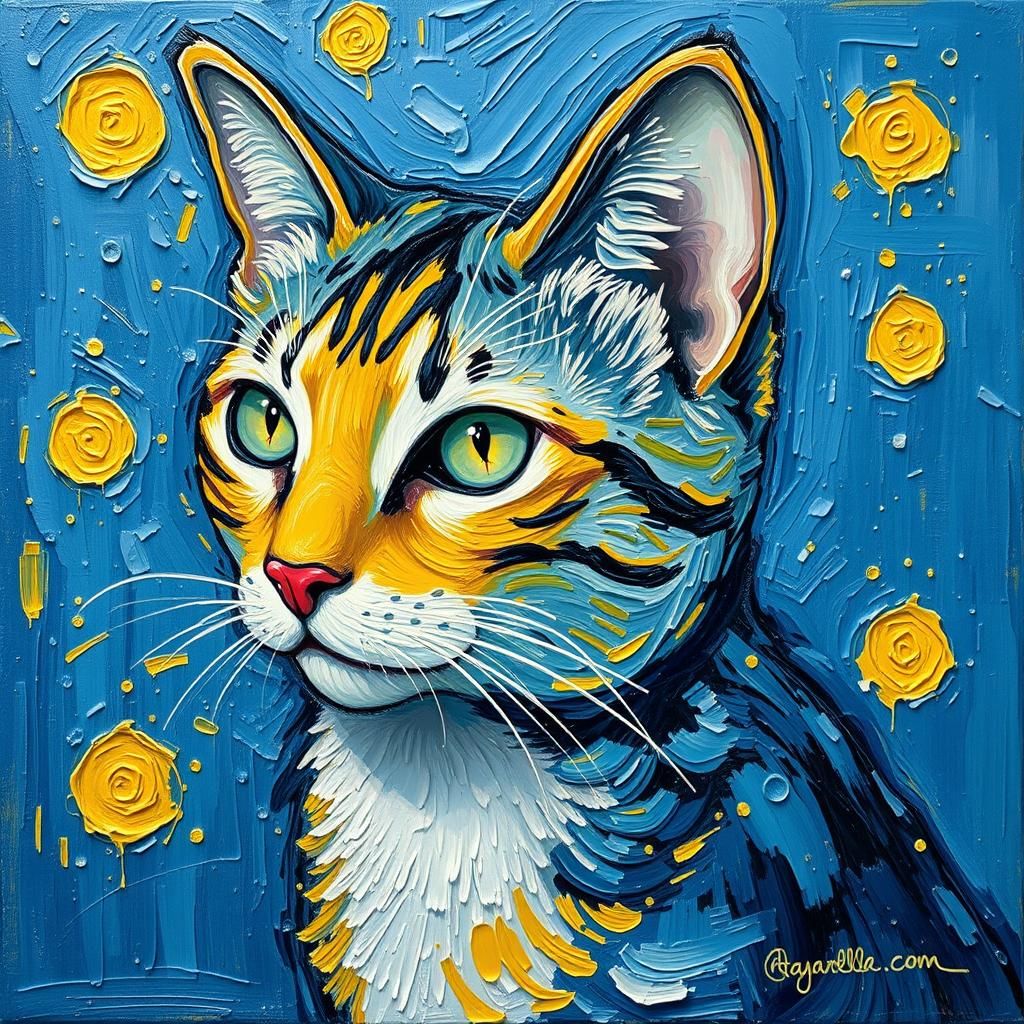 Colorful Cat in Van Gogh Style Watercolor