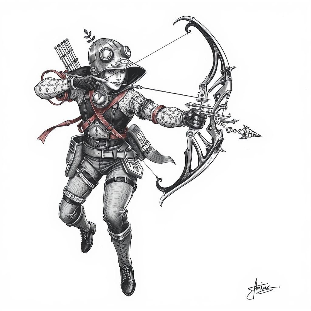 Steampunk Archery Action Scene in Zentangle Style