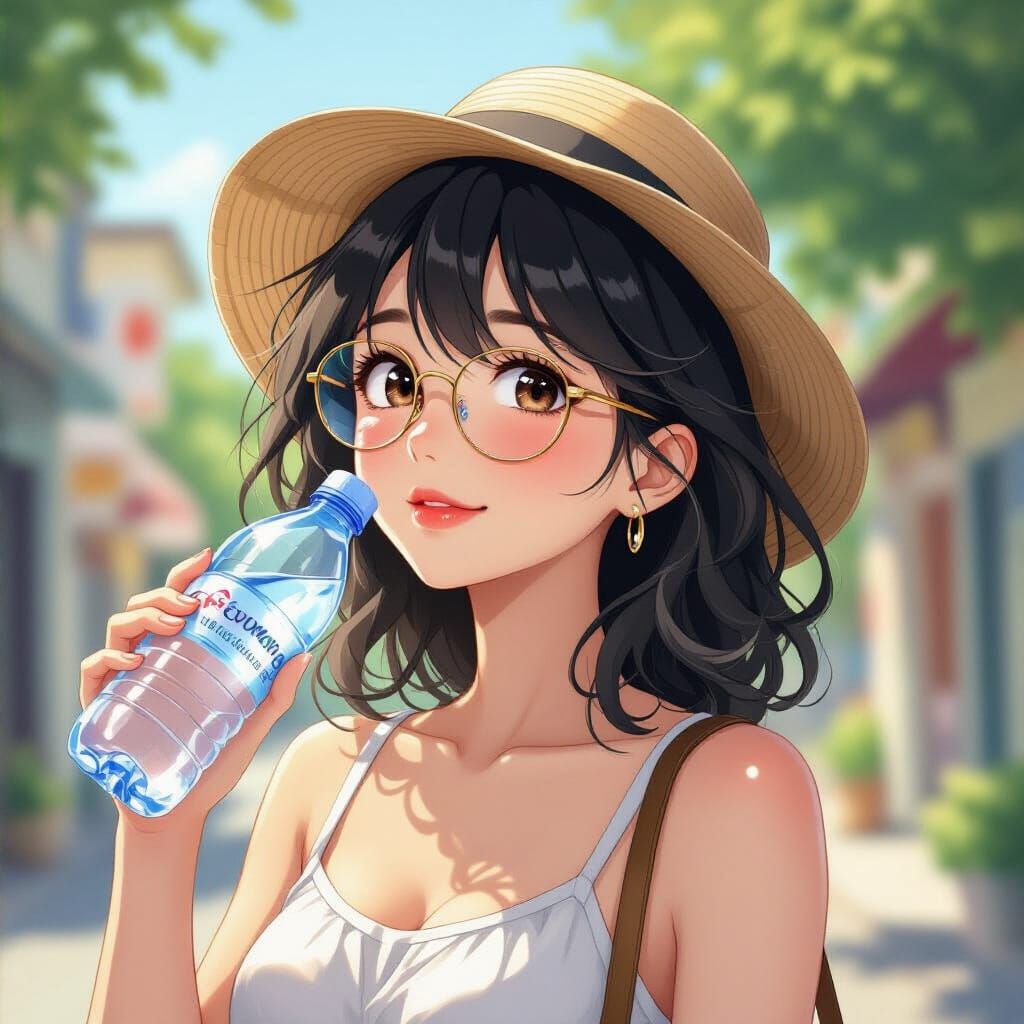 Anime Woman Drinks Water in Japanese Countryside