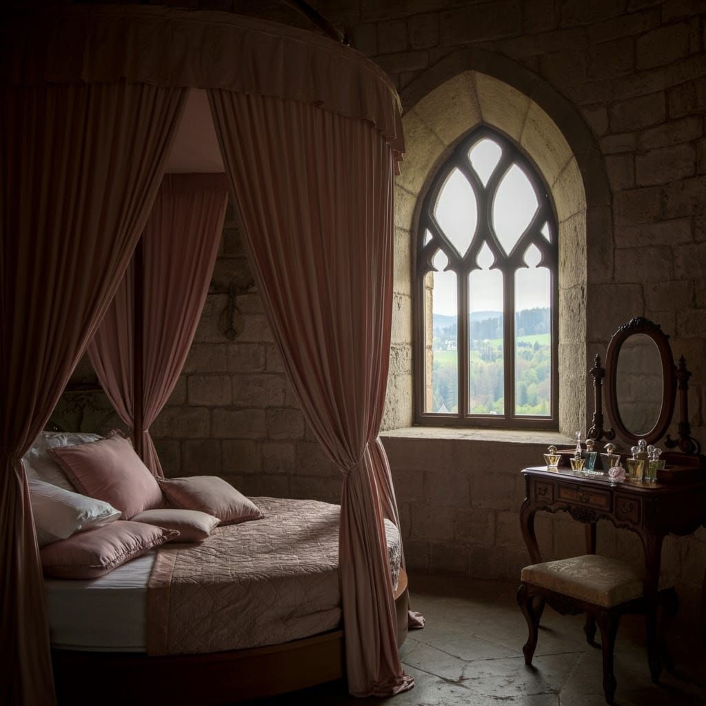Medieval Castle Chamber with Majestic Round Bed and Gothic W...