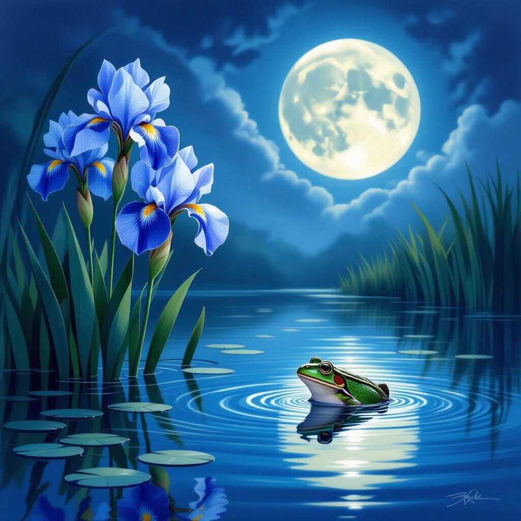 Blue Irises Bloom in Pond Reflecting Moon