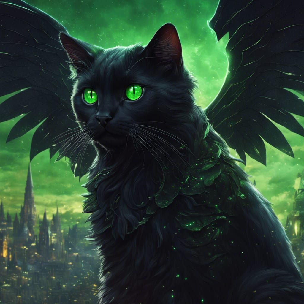 Winged Black Cat Soaring in Midnight Sky