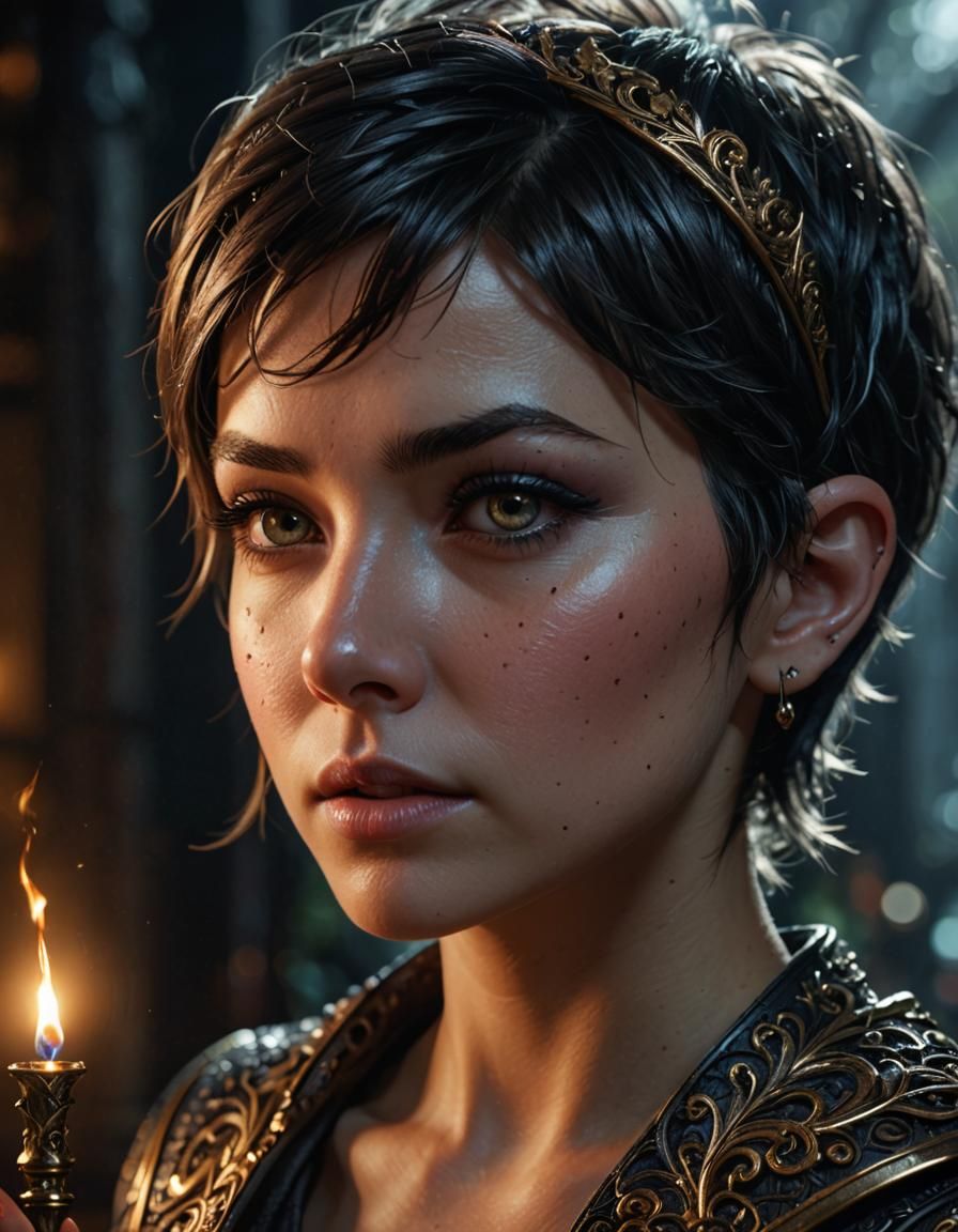 Hyperrealistic Bad Pixie Portrait with Magical Background