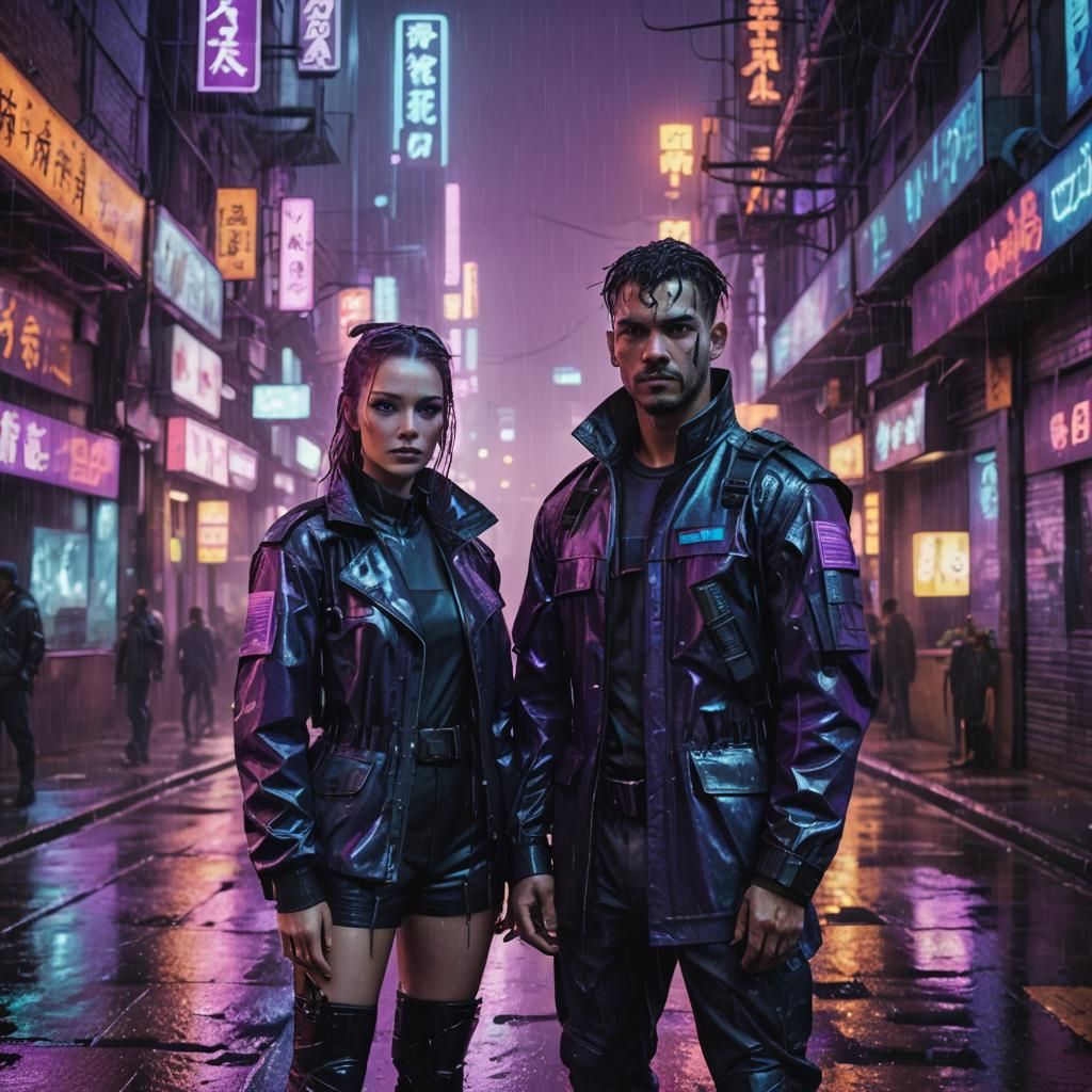 Cyberpunk Couple in Rainy Cityscape