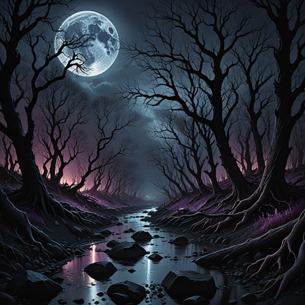 Moonlit River of Sequins in Dark Surrealism