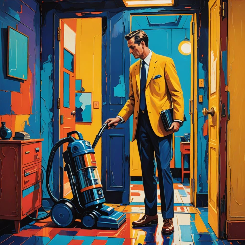 Retro Futuristic Vacuum Salesman in Suburban Setting