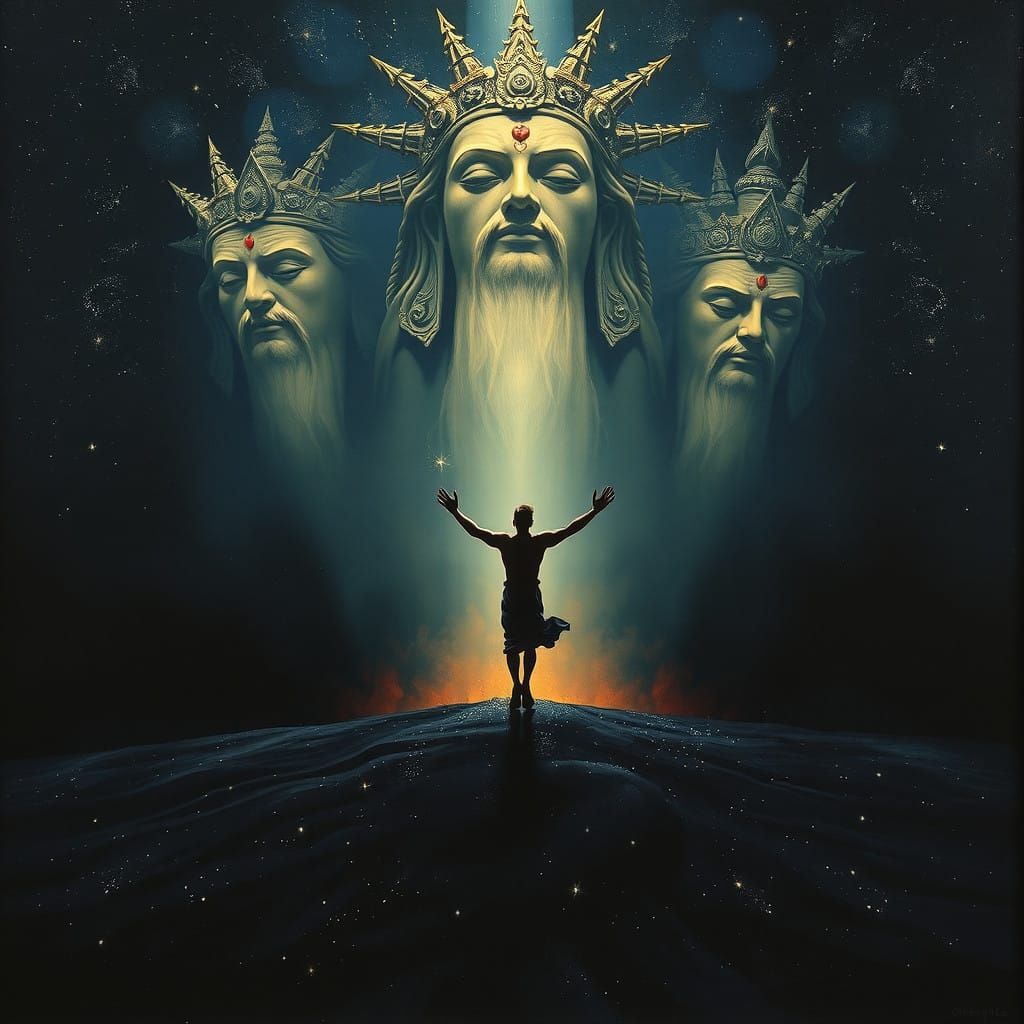 Majestic Gods Descend Amidst Celestial Landscape